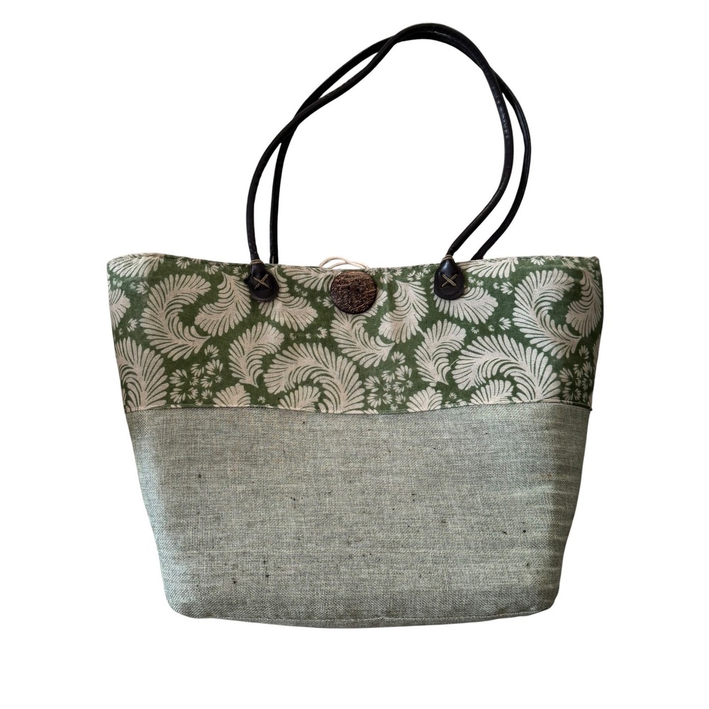 Sun N Sand Green Floral Canvas Tote Bag Leather Handles Coconut Button Boho